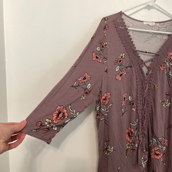 MAURICES 2 Plus Size Crochet and Lace Up Floral Top Mauve Purple 3/4 Sleeve Boho - Picture 8 of 15